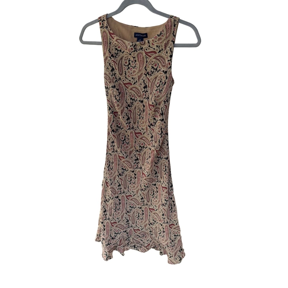 Ann Taylor 100% Silk Paisley Sleeveless Sheath Dress Red Beige Black Size 2
